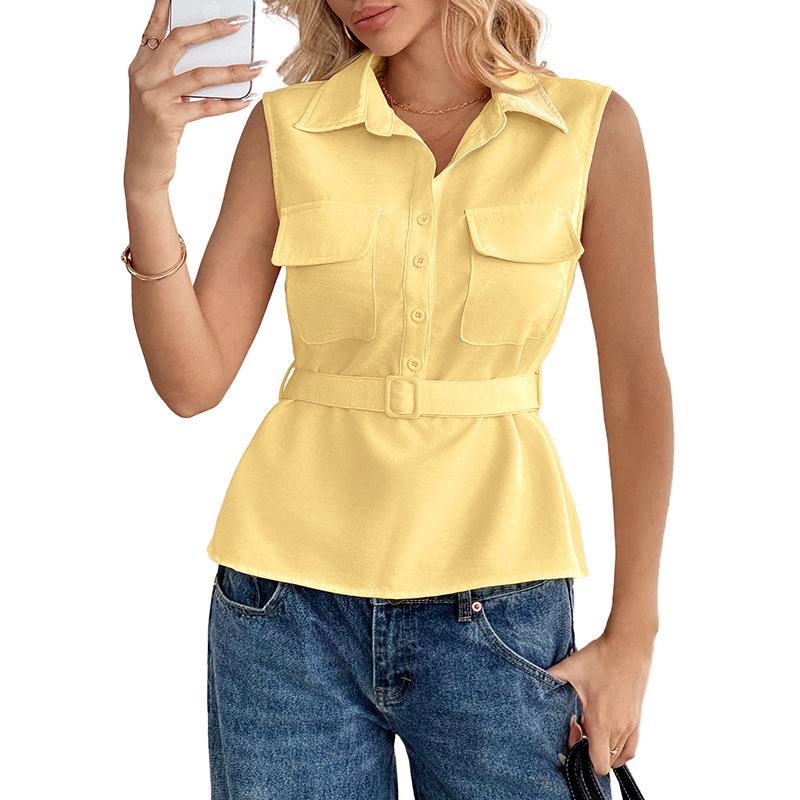European & American 2026 Summer Women's Sleeveless POLO Collar Waist-Cinching Pullover Shirt