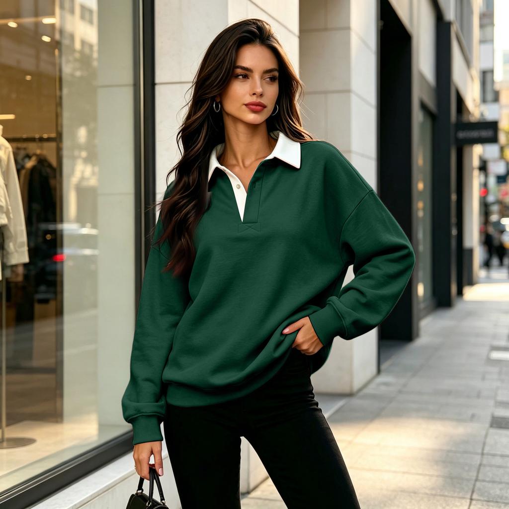 Women's Casual V-Neck Long Sleeve Color Pullover Sweatshirt for Everyday Wear