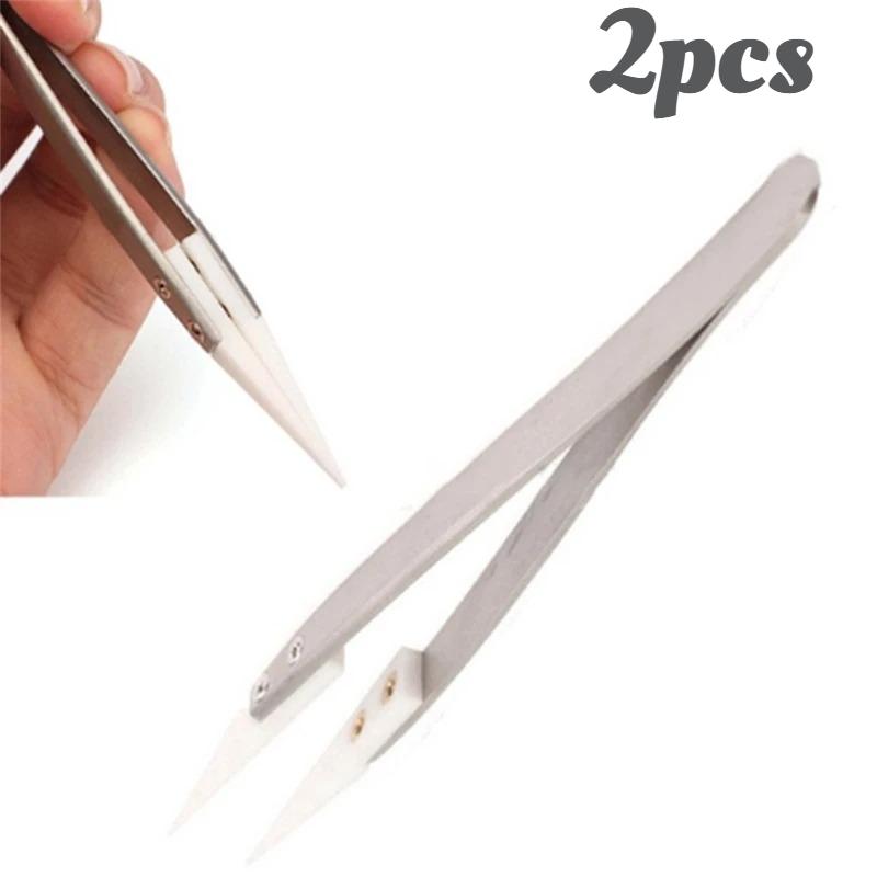 1/2pcs Ceramic Tip Tweezers, Anti-Static ESD Safe for Electronics Soldering, Stainless Steel Precision Pointed Fine Tip Tools