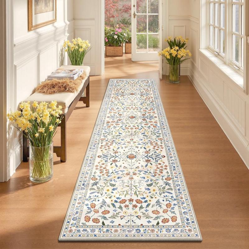 Retro Persian Flower Stripe Runner Rug Non Slip Washable Carpet for Corridor Kitchen Indoor Outdoor Home Decor