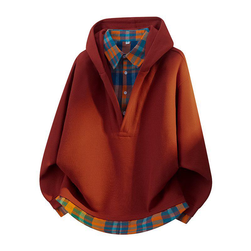 Unisex Plaid Patchwork V-Neck Hooded Sweatshirt