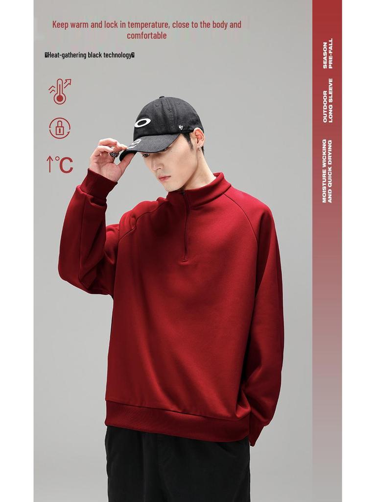 Retro Half-Zip Stand Collar Warm Hoodie - Heavyweight Velvet, Casual Solid Color Sports Top