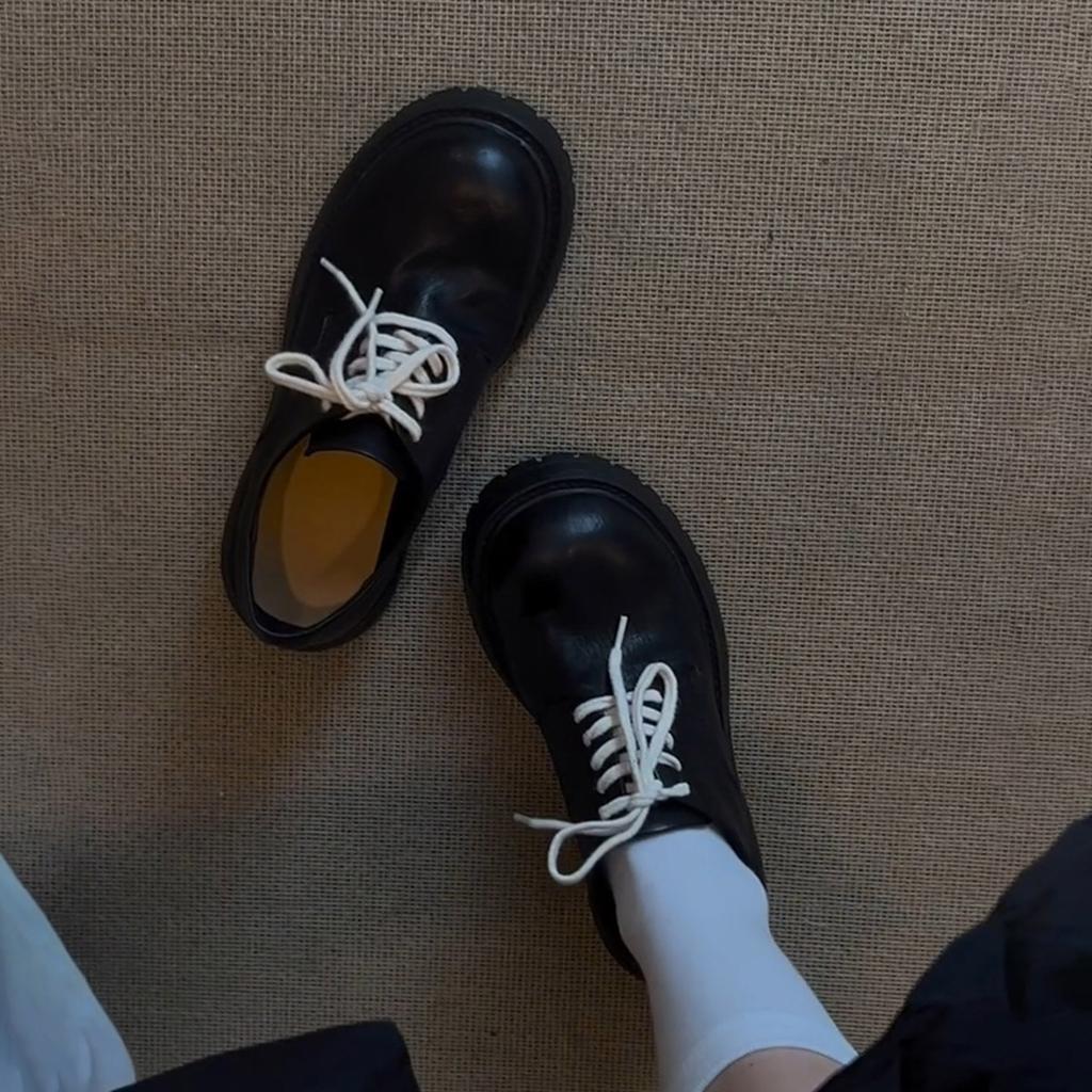 Sheepskin version retro platform big head Derby loafers women's small thick heel lace-up British versatile small leather shoes