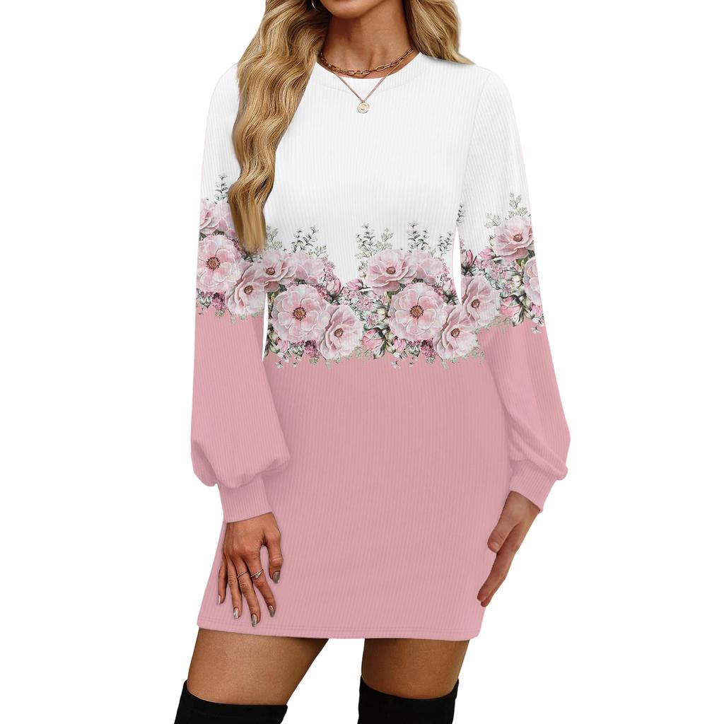 Damenmode Lässiges Rundhals Langarmkleid