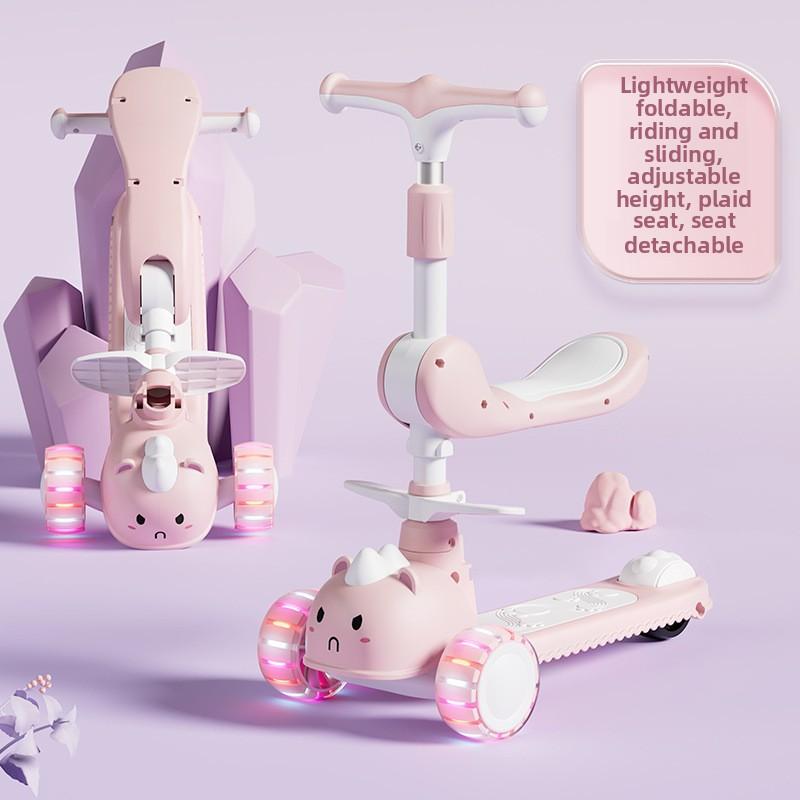 2-In-1 Children'S Scooter Baby Kickboard 3 Height Adjustable 3-Wheel Music Light Foldable Micro Kcik Scooter Boy Girl Ages 2-10