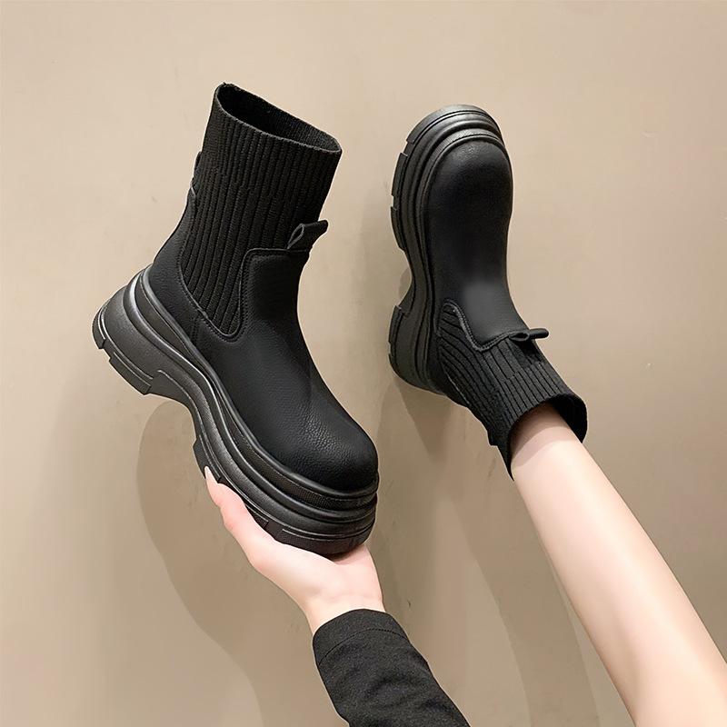 New Style Women's Short Boots Autumn Winter Knitted Slimming Elastic Ankle Boots Woman Height Increasing Casual Platform Shoes