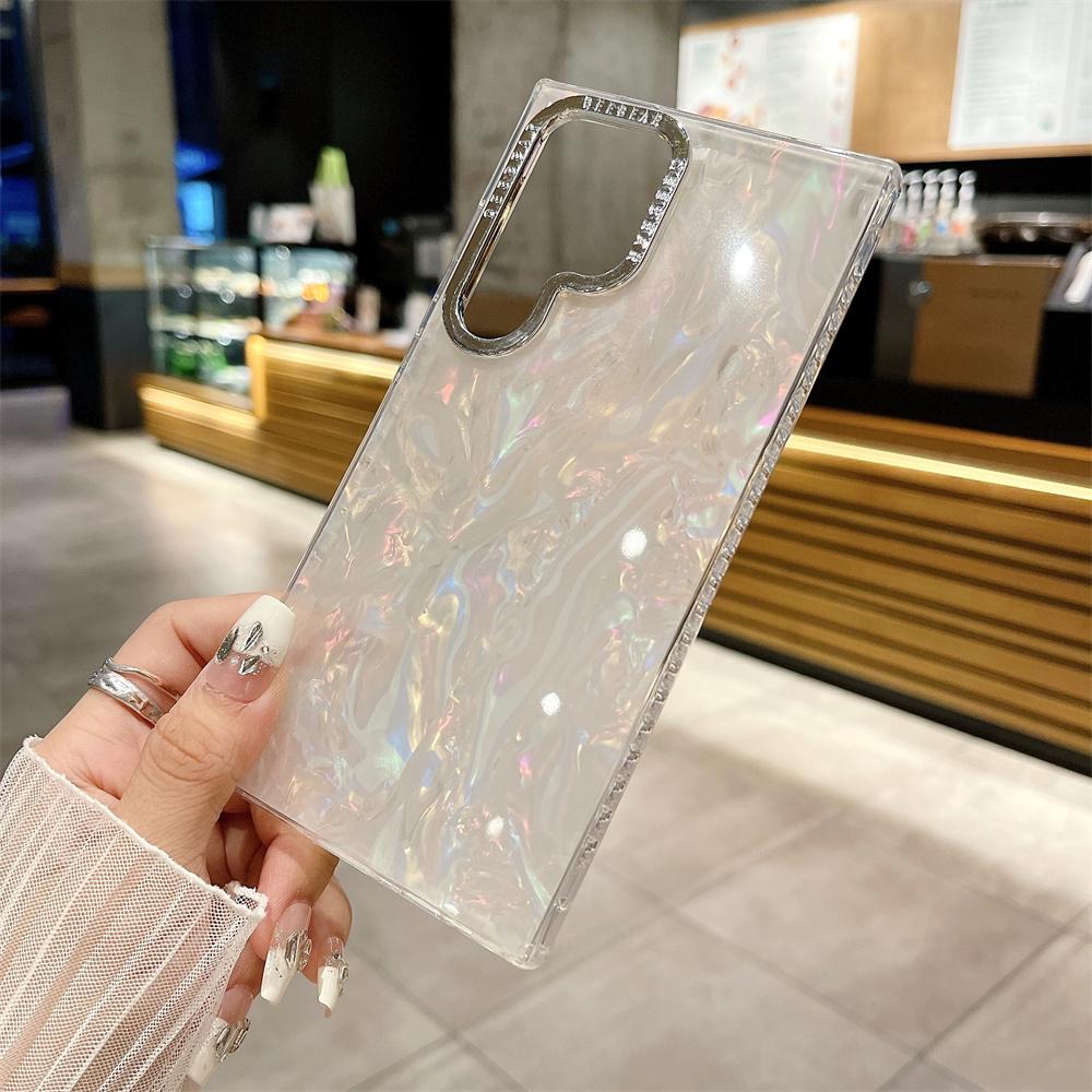 Aurora Glitter Shell Gradient Feather Case for Samsung Galaxy S25 S24 Ultra S23 S22 Plus Laser Colorful Acrylic Plating Cover