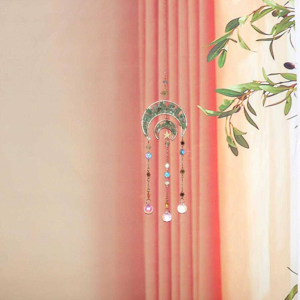 Natural Crystal Moon Pendant Sun Catcher Wind Chime for Home and Garden Decoration