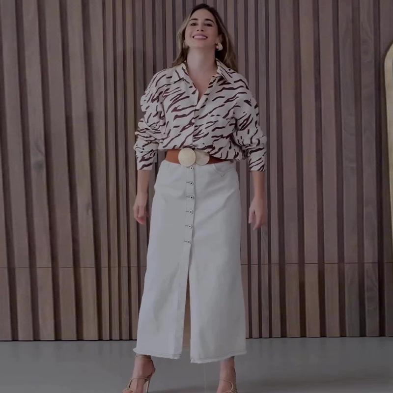 

2004 Autumn European & American Fashion Print Shirt and High-Waisted Commuter Long Dress Two-Piece Set XXL білий