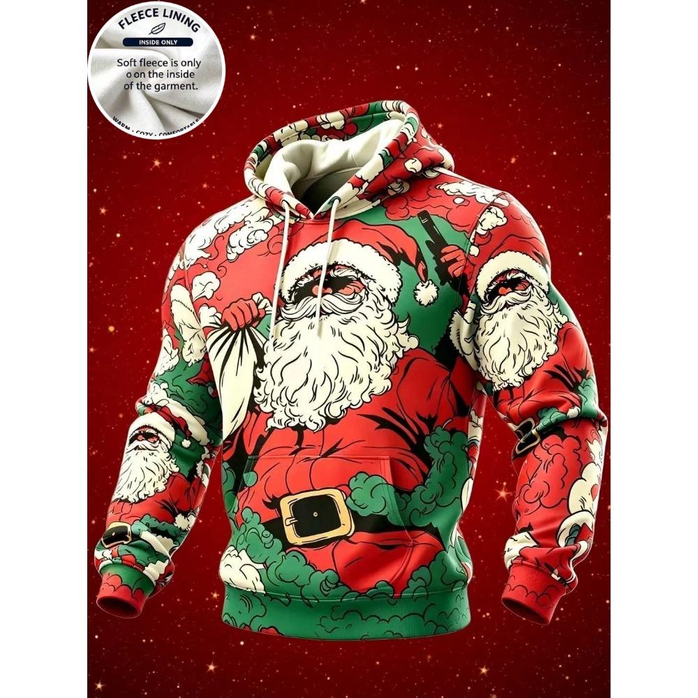3D Print Christmas Fleece Hoodie Funny Santa Stuck In Chimney Reindeer Snow Scene Pullover Long Sleeve Holiday Sweatshirt