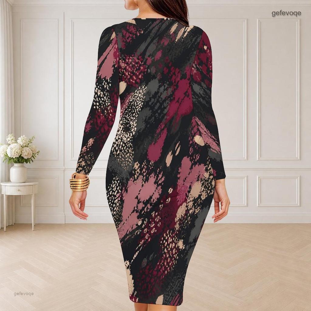 Damen Übergröße Rundhals Langarm Bedrucktes Bodycon Midi-Kleid