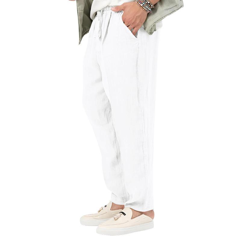 Summer New Arrival: Lightweight Overseas-Style Men's Fashion Plus Size Solid Colour Casual Drawstring Cotton-Linen Trousers
