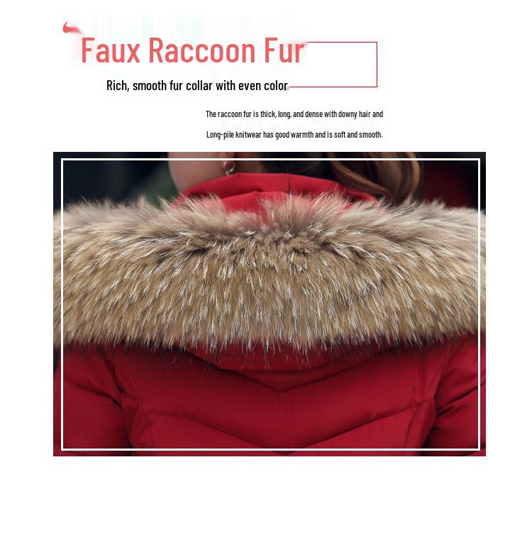 European Winter Mid-Length Women's Coat with Large Fur Collar and Hood for Cold Protection