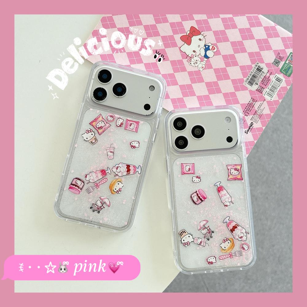 Cute Cartoon Sanrio Hello Kitty Bling Glitter Liquid Quicksand Phone Case For iPhone 17 16 15 14 13 Pro Max Clear Hard Cover