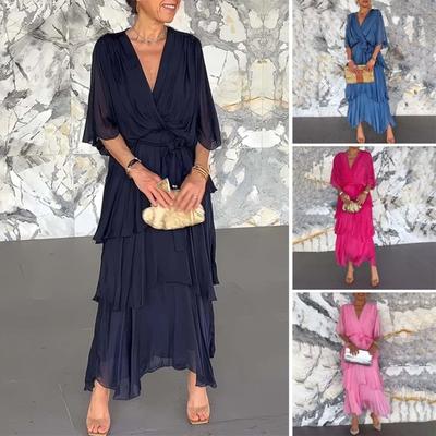 Vestido de Chiffon Fluido para Convidada de Casamento Feminino Babado Meia Manga Cintura Império Franzido Vestido Envelope