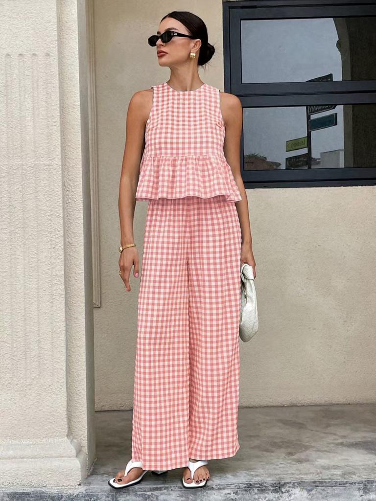 Women's Sleeveless Checkered Top with Ruffle Hem and Wide Leg Pants 2 Piece Set