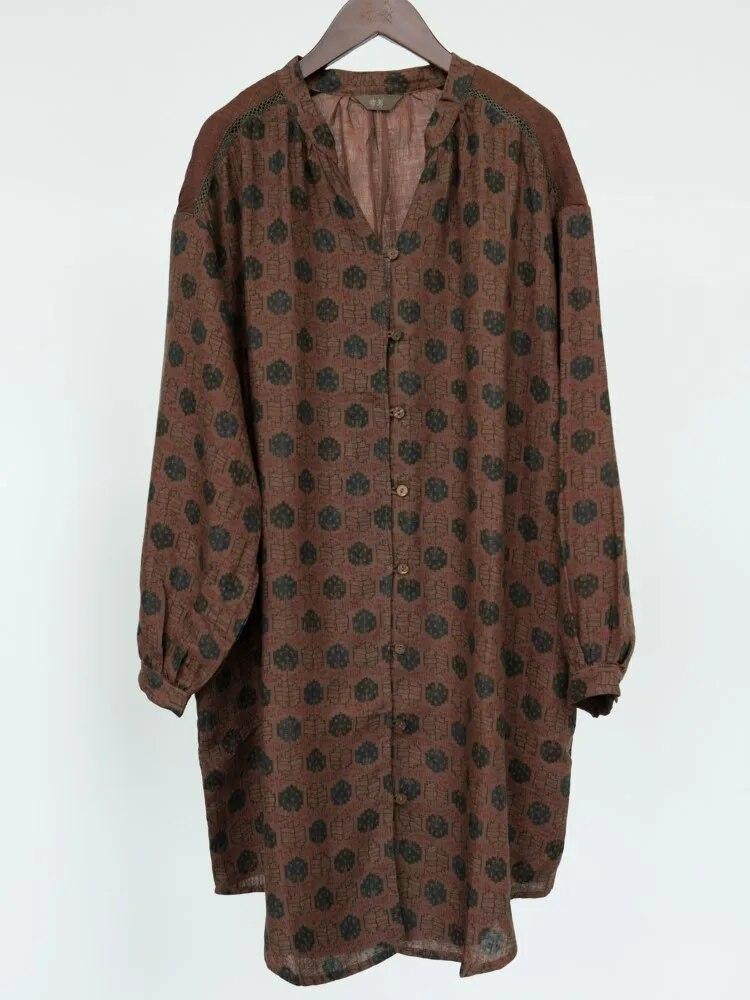 

Johnature женские винтажные рубашки с цветочным принтом, топы, весенние блузки с v-образным вырезом и длинными рукавами на пуговицах, свободные рубашки в китайском стиле One Size кофейный