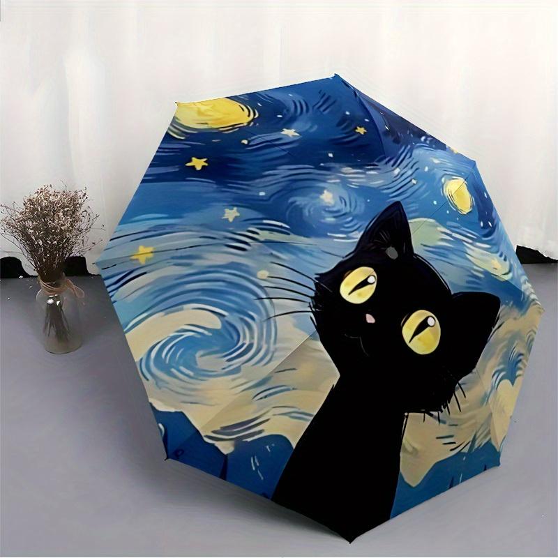 1pc Van Gogh Starry Night Cat Automatic Open 8-Rib Windproof Umbrella, Travel & Commuting, Suitable for All Seasons, Lightweight Portable,058