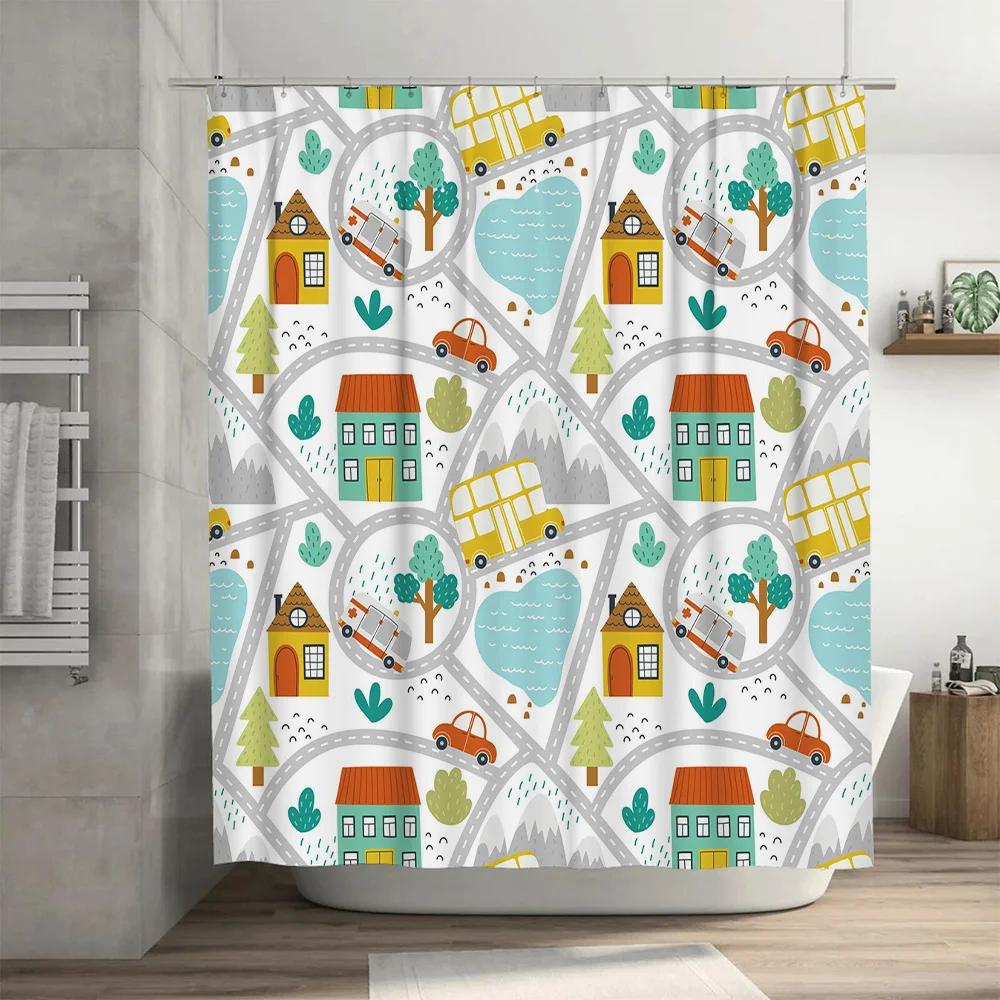 Kids Bathroom Shower Curtain Waterproof Cartoon Cars House Design Decoration Home Decor Watermelon Fruit Blue Green Yellow Orang