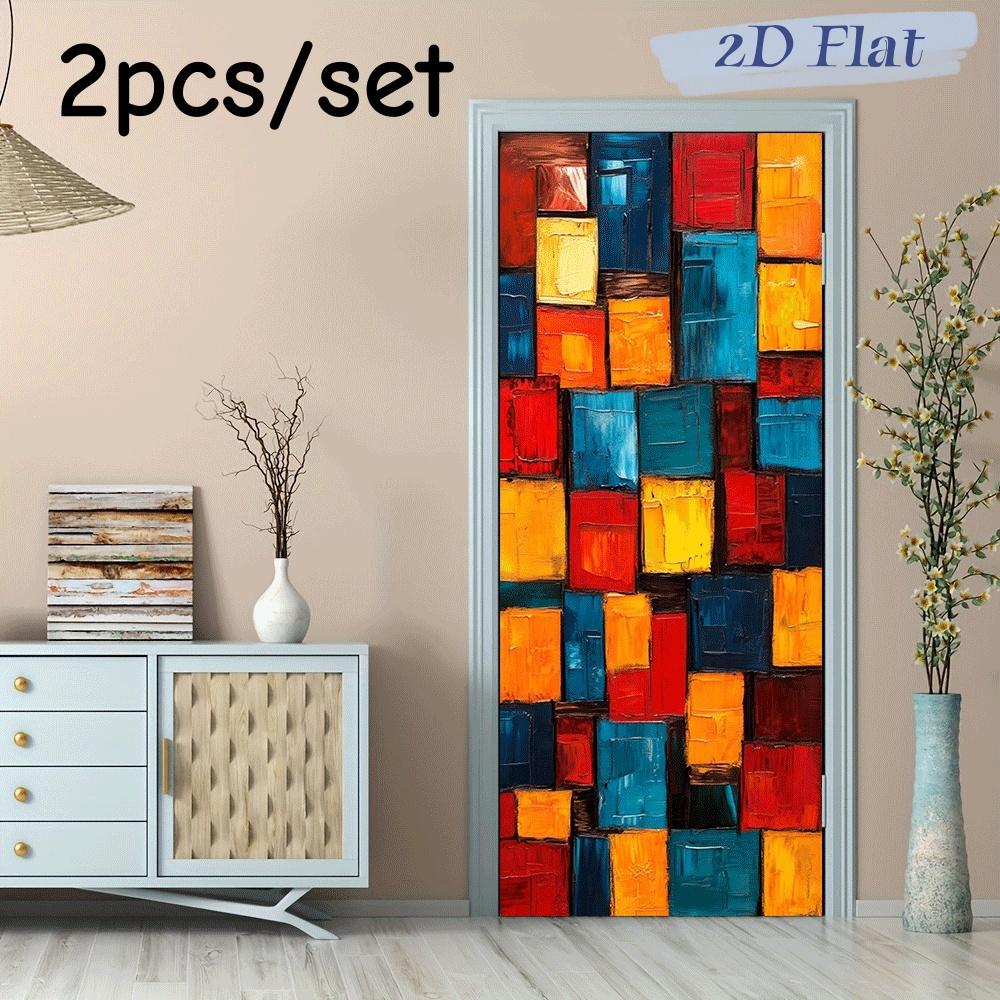 

2pcs modern abstract geometric pattern wall stickers adopt high saturation color block design, blending bright colors such as re (as the picture,38.5x200cmx2)