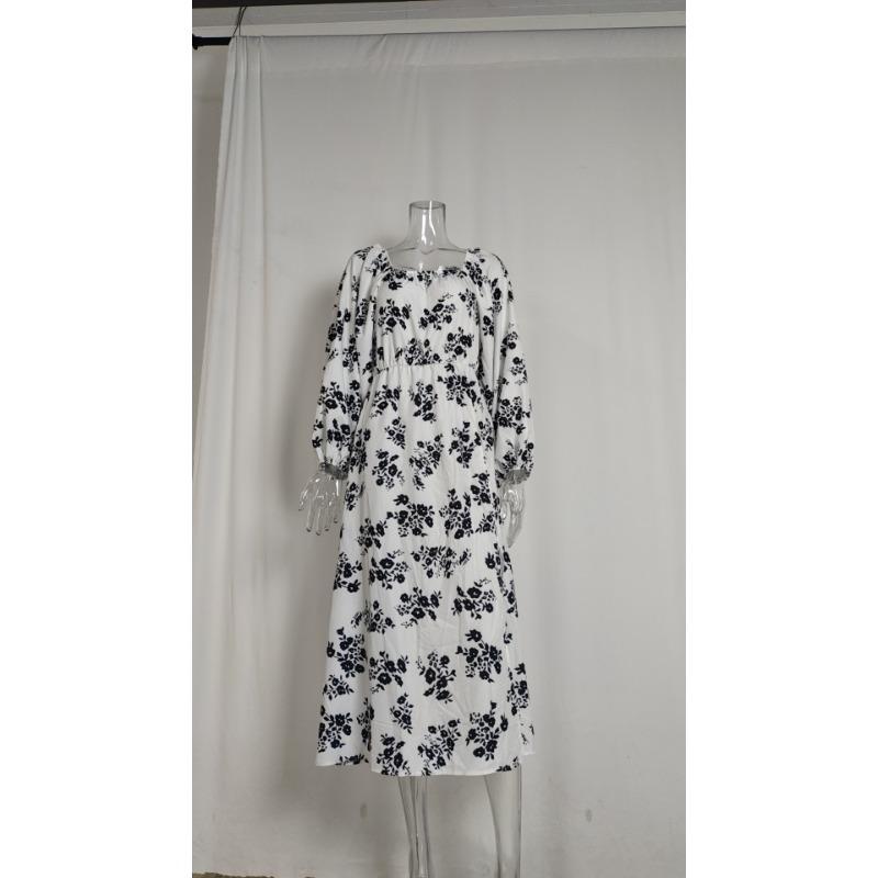 Spring Women's Temperament Elegant Printed Lantern Sleeve Split Dresses