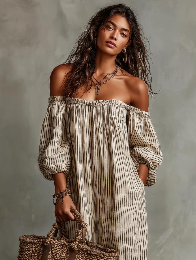2026 Summer Elegant One-Shoulder Stripe Casual Dress