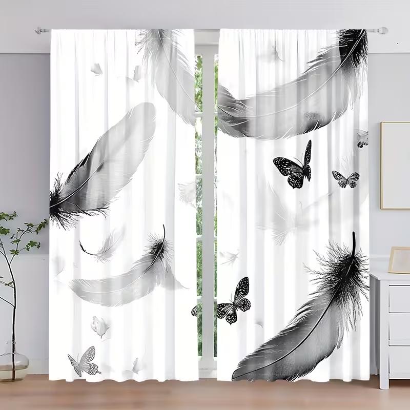 Minimalist Black White Feather Butterfly Curtains Monochrome Print Sheer Drapes Home Decor Bedrooms Made Of Polyester Master Bedroom