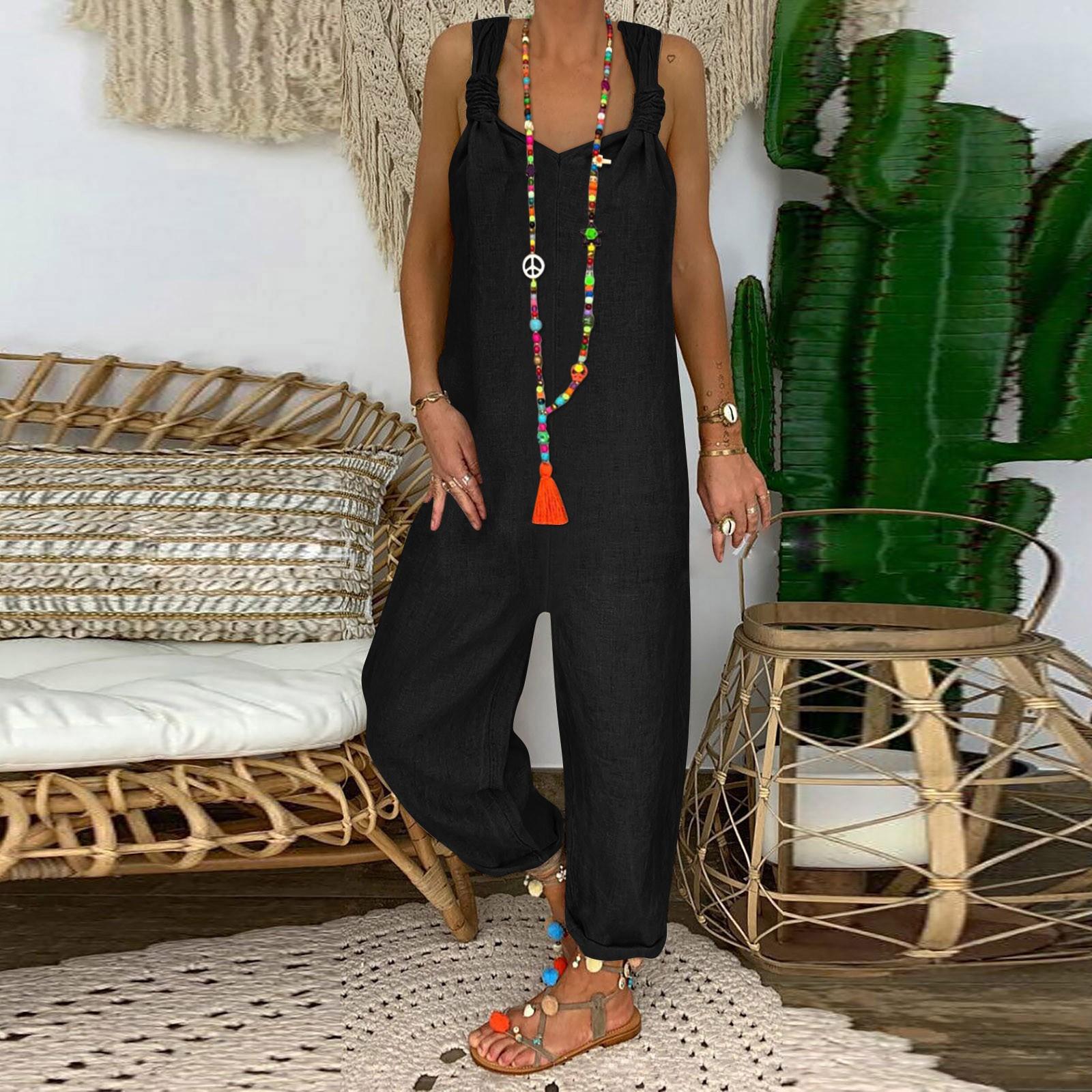 

Модные ретро богемные художественные свободные повседневные большие льняные брюки на подтяжках, комбинезоны XXXL чёрный