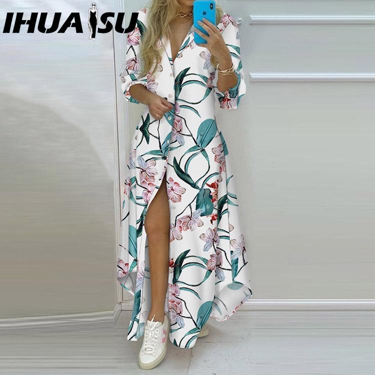 IHUASU Rochie Cămașă cu Imprimeu Temperamental de Primăvară Toamnă pentru Femei, cu Nasturi Simpli, Rochie Cămașă Deschisă, Rochie Lungă Casual