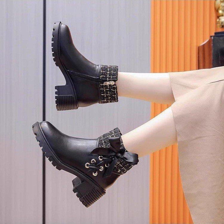 [Genuine Leather] Xiaoxiangfeng Short Boots Women's Autumn and Winter Velvet Bow French Sweet Versatile and Ankle Boots Martin Boots Tide