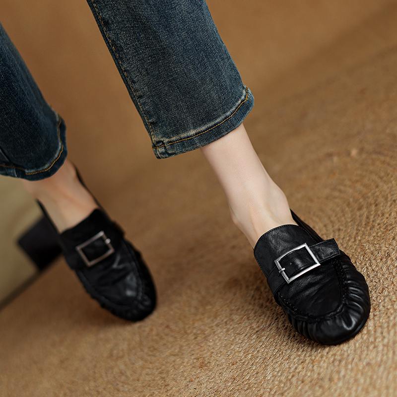 Krazing Pot Cow Skin Spring Summer Size 40 Loafers Thick Low Heels Pleated Decoration Women Round Toe Leisure Pumps