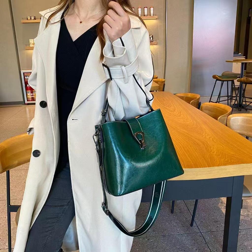 Korean Style Genuine Leather Double Strap Crossbody Bucket Bag