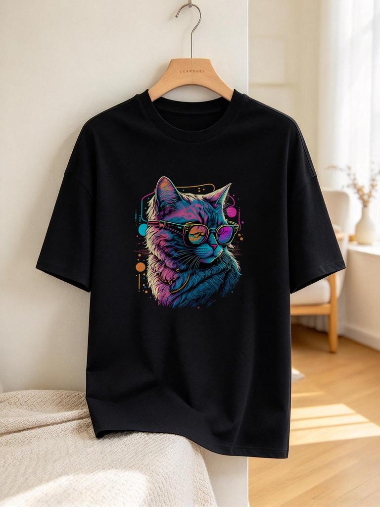 Unisex T Shirt Cool Neon Cat Print Casual Soft Comfortable Summer Tops
