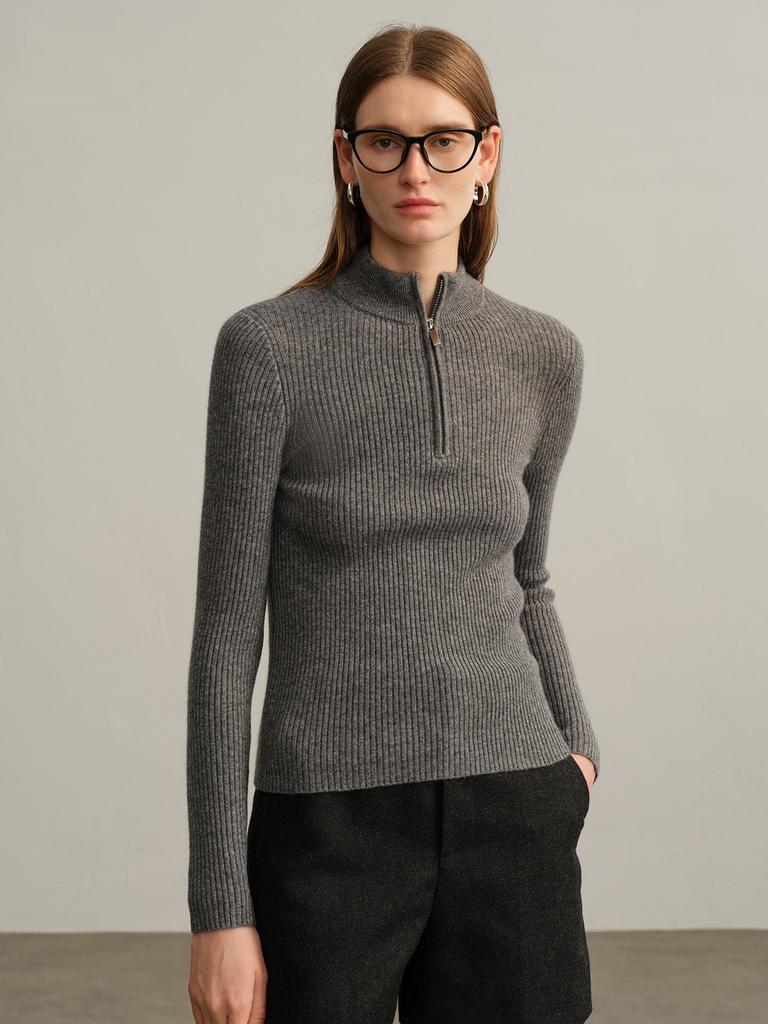 Women's Half-Zip Slim-Fit Cashmere Sweater - Half-High Collar, Warm Knitwear for Autumn & Winter