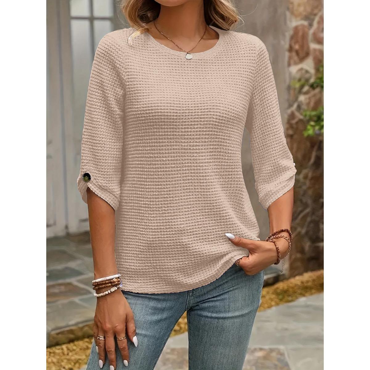 

Весна и Осень Новая Однотонная Блузка с Пуговицами на Манжетах и Круглым Вырезом, с Рукавом Семь Четвертей, Повседневная Свободная Женская Футболка, Удобная и Модная XXL хаки