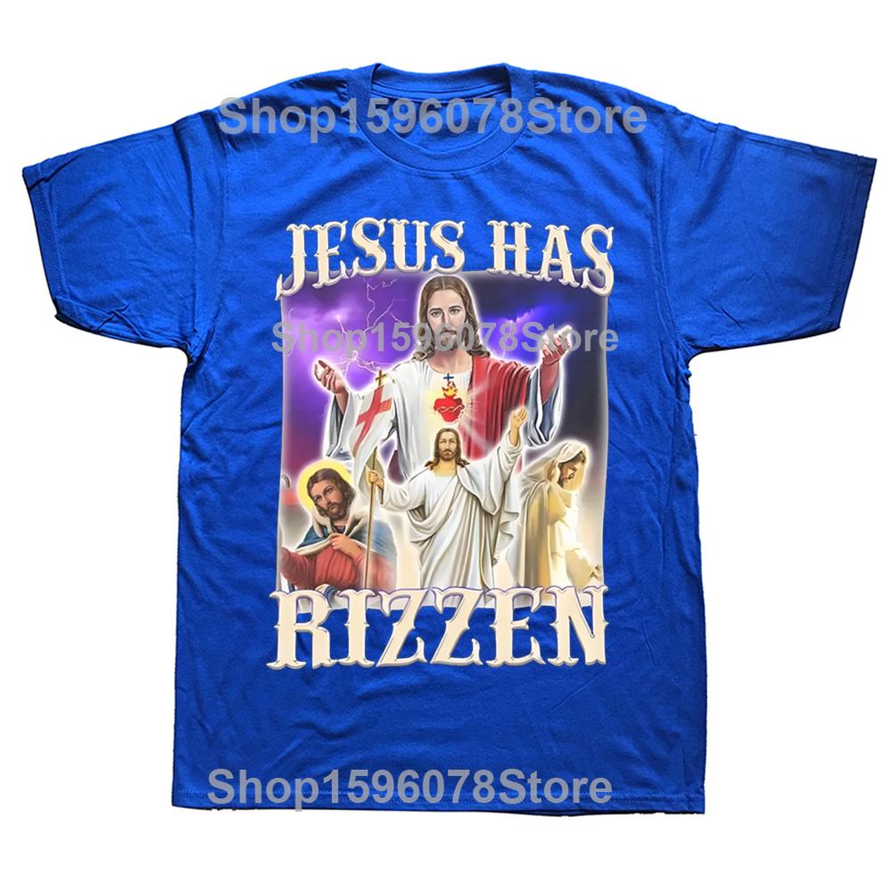 Men Women Jesus Has Rizzen Rizz Humor Christ Gift TShirts Apparel Cotton Funny Catholic Jesus Meme T Shirts Tee Clothes