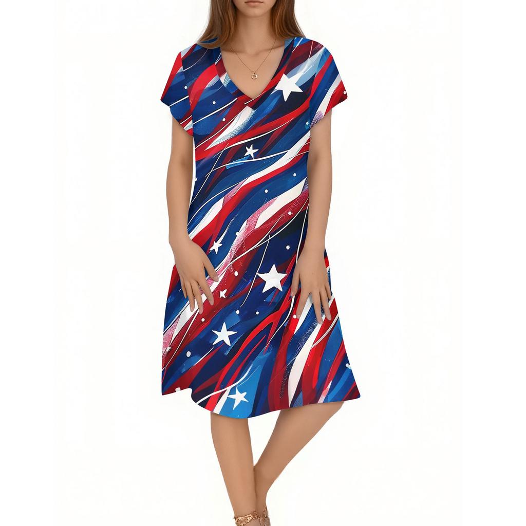 Women's Casual Fashion V-Neck Short Sleeve Floral Print Midi Flowing Dress