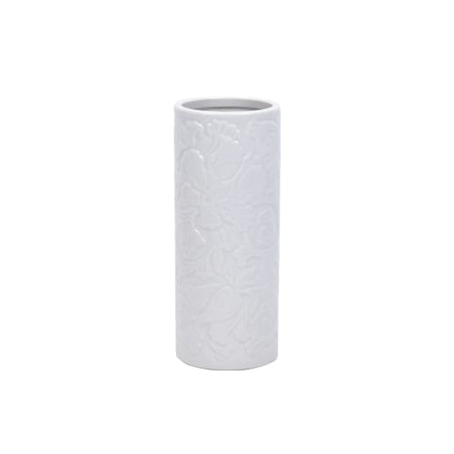 Yamakou Japanese Ceramic White Porcelain Arabesque Design, 7-inch (2-piece) Cylindrical Vase for Buddhist Altar Flowers, Approx. 21cm H X 8.7cm D