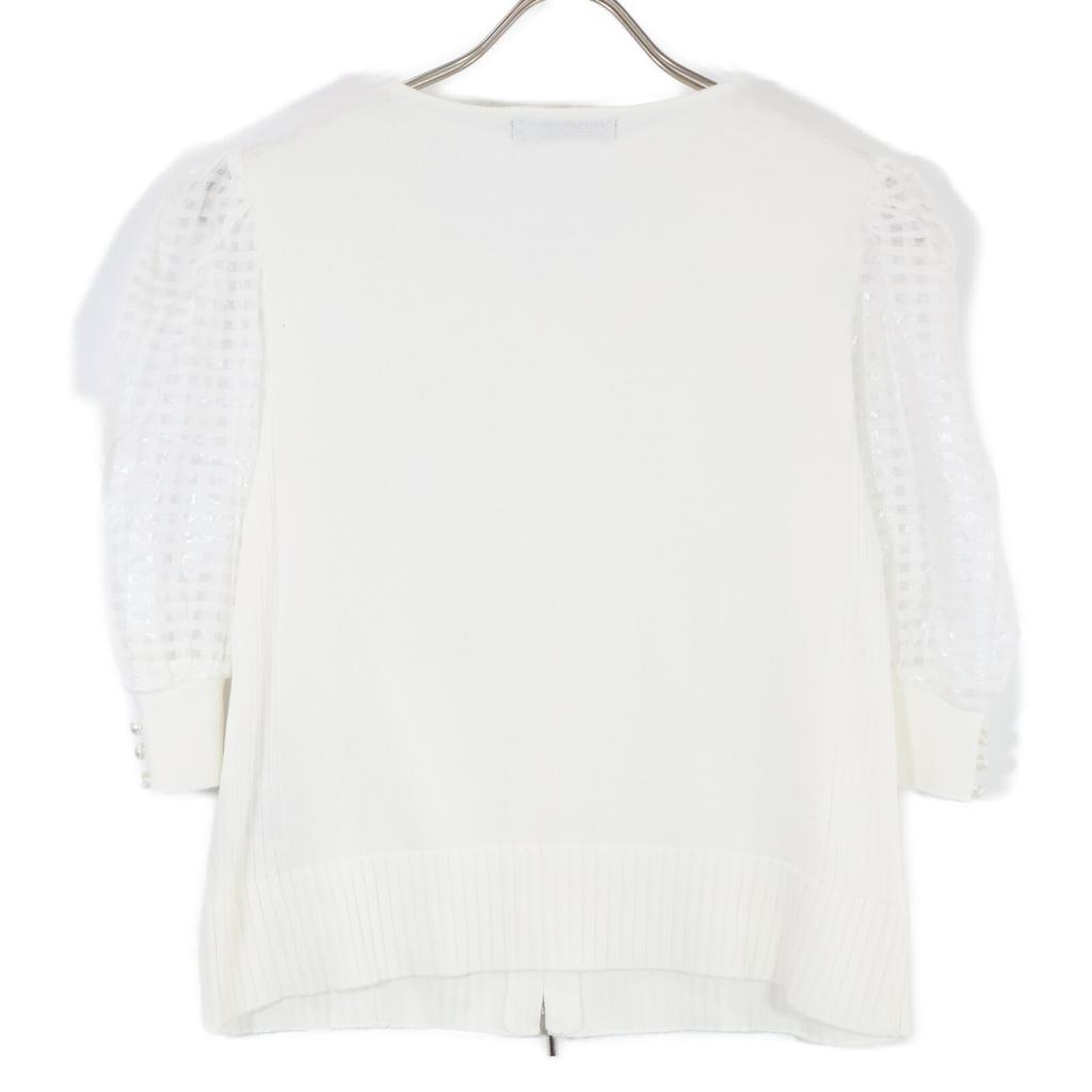 Rene 5422030 White Cotton Coated Pearl Sheer Check Puff Sleeve W-Zip Cardigan Tops 38 whiteUsed