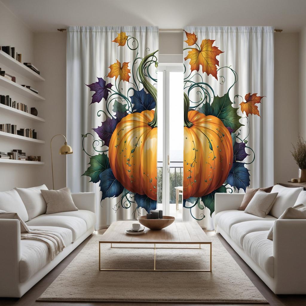 2er Set HD Erntedankfest Mehrfarbiges Blatt Kürbis Vorhang Gelbe Bindung Digital bedruckter Vorhang Wohnkultur Stil Dekorieren liv