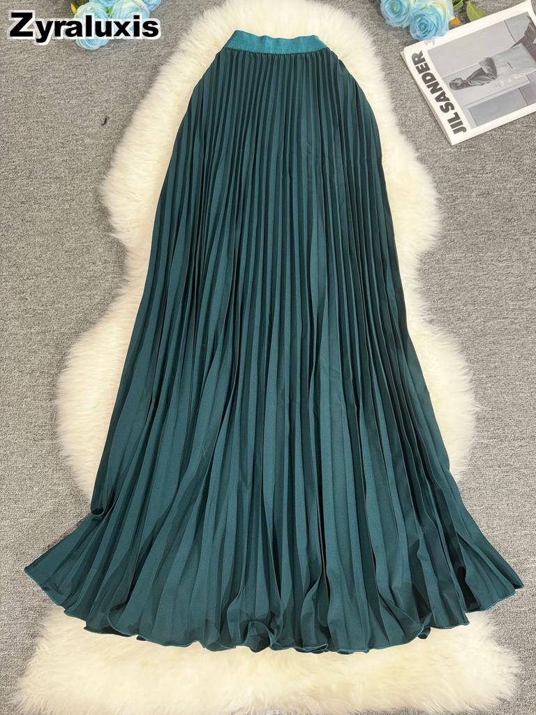Wavy Edge Pleated Skirt High Waist Slimming Office Wear Versatile Long Dress for Women