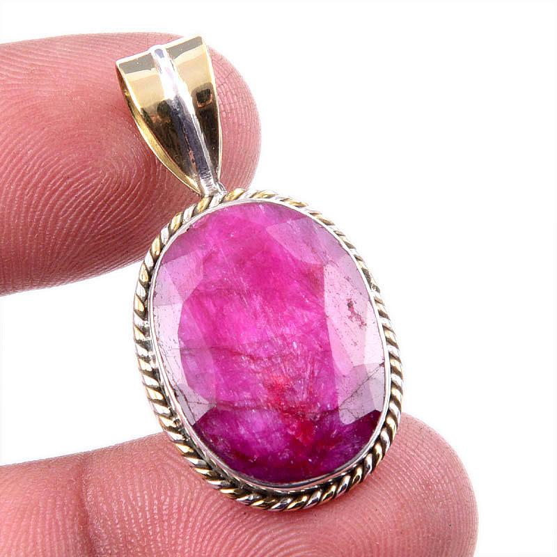 

Red Ruby(Simulated) Handmade 925 Sterling Silver Two Tone Pendant 1.25 n4N33