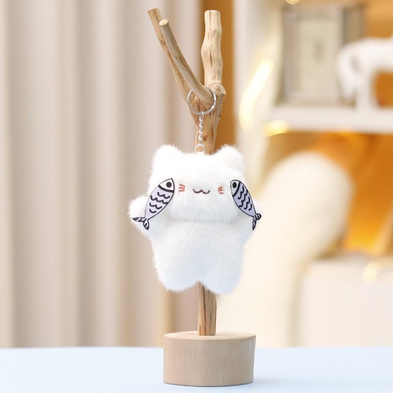 Plush Shy Cat Holding Fish Toy Pendant With Soft Short Pile For Kids And Collectors