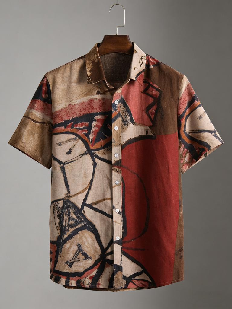 2026 New men's summer simple retro short-sleeved lapel shirt beige graffiti 3D printed shirt outdoor casual outdoor men's tops