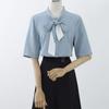 Bow Tie Blouse Women Summer Thin French Blouse Women Loose Belly Short-sleeved Chiffon Shirt Solid Shirt