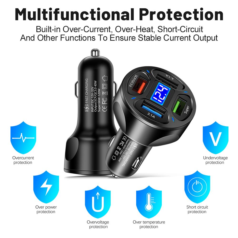 66W Car Charger 4 USB Ports True Voltage Display Support Fast Charging QC3.0 Quickly Charge For Iphoen Xiaomi Huawei