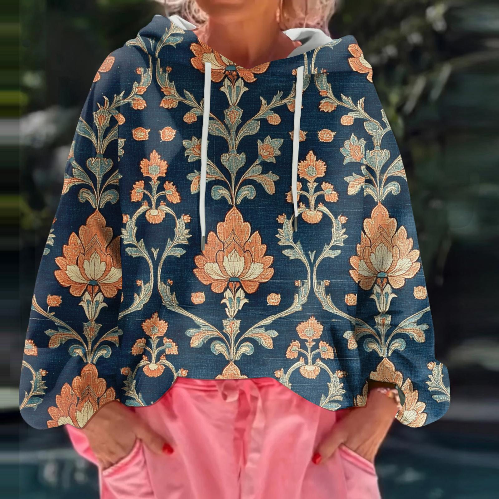 

Женский худи свободного кроя с цветочным принтом и длинными рукавами L синий