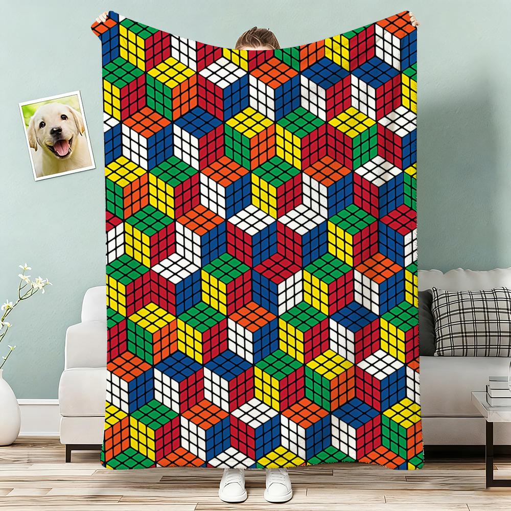 Cute Cartoon Style Rubiks Cube Throw Lightweight G Flannel Blanket Soft Skinfriendly for Summer Cooling