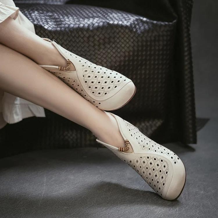 Johnature Retro Summer Short Boots Flat Side Zipper Genuine Leather Hollow-out Breathable Women's Shoes