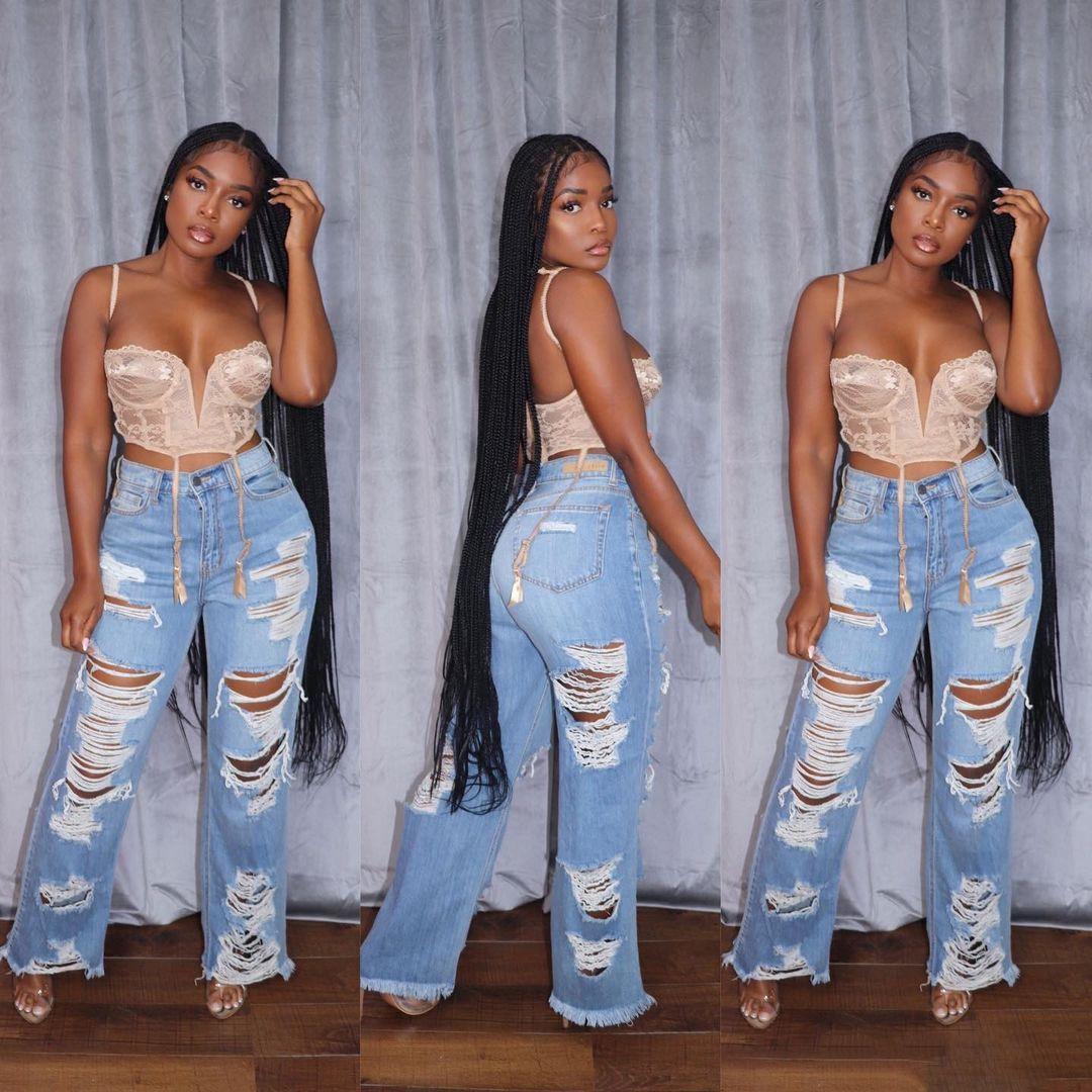 

Летние джинсы Женские брюки Элегантная строчка Джинсы Слим Сексуальные Дыры Высокая посадка Пуговица Карман Прямые брюки M синий